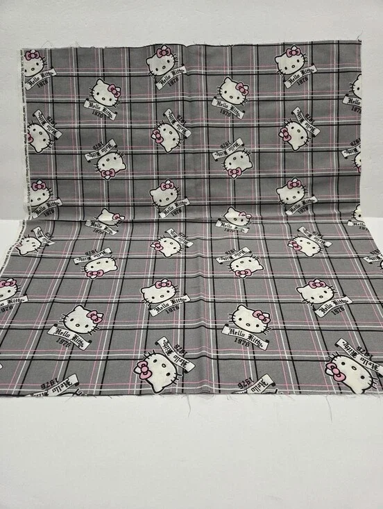 Sanrio Hello Kitty Plaid Print Cotton Fabric - Gray & Pink 46×42in.