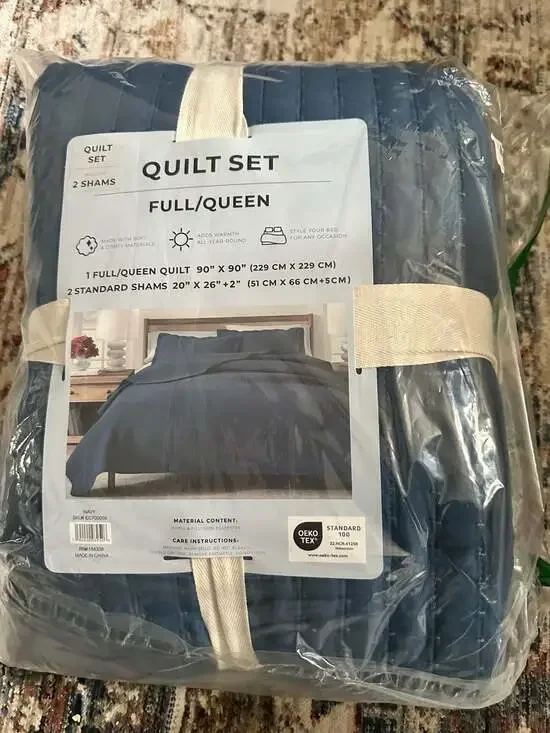 Full/Queen Navy Channel Stitch Quilt Set with 2 Standard Shams