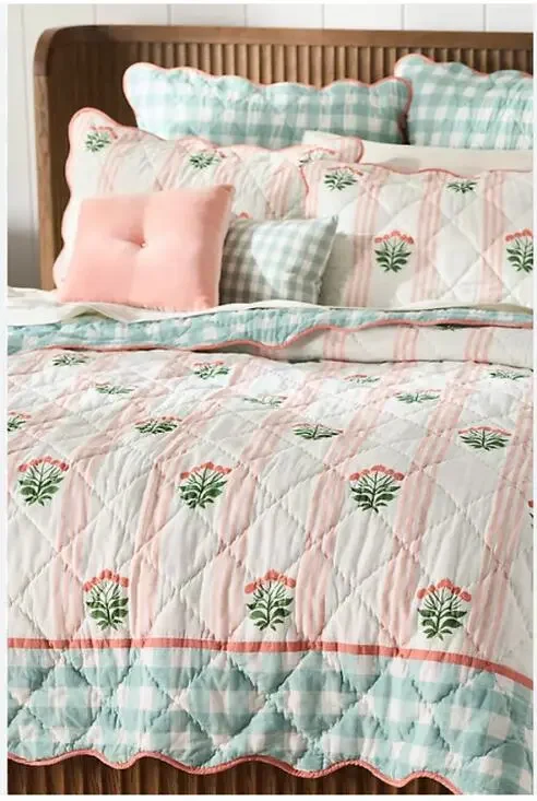Anthropologie Iluka Cotton Printed Floral Quilt Queen Floral Stripe