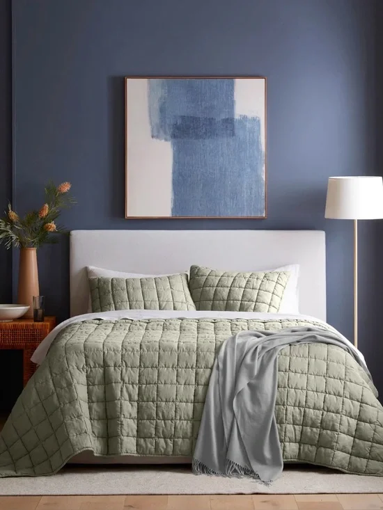 Quince European Linen Box Quilt Set in Willowleaf King/CalKing - Retail $234