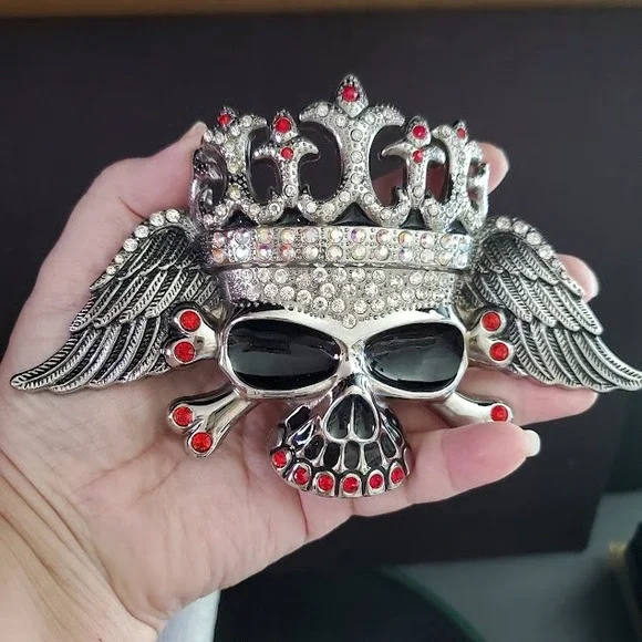 Winged Skull Crown Belt Buckle Red Clear Rhinestone Biker Gothic Silver Tone