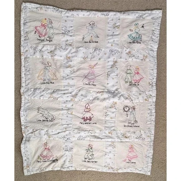 Adorable Vintage Crib Child Quilt NURSERY RHYMES 12 Hand Embroidered Squares