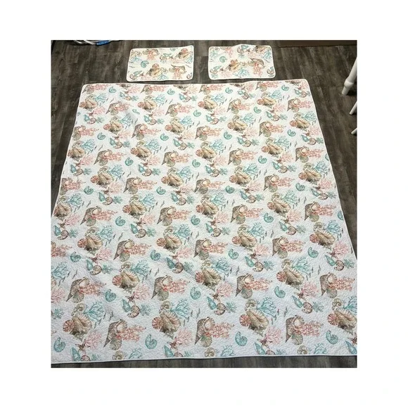 Nicole Miller Quilt Set King Coastal Seashell Coral Starfish White Teal Orange