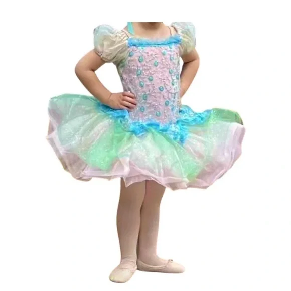 Revolution Dancewear Girls’ Fairy Tutu Costume Pink, Teal & Green Glitter Size L