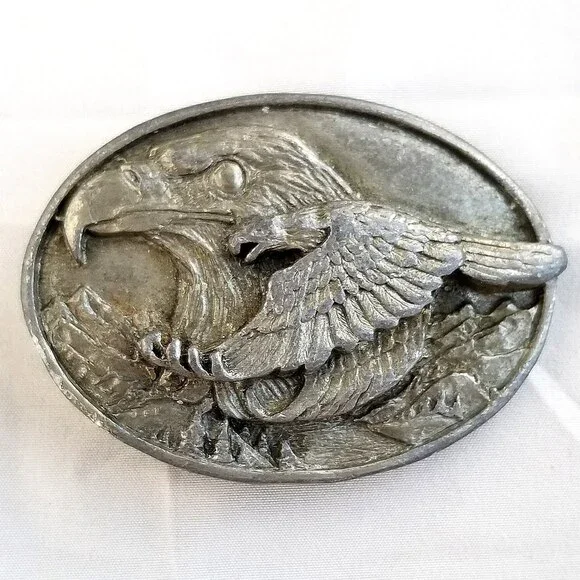 Belt Buckle Pewter 1988 Double Two American Bald Eagles USA Made By‎ Siskiyou