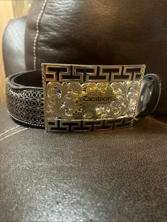 Zacatecas Men's Western Cowboy Rodeo Leather Belt Ornamental Silver Buckle