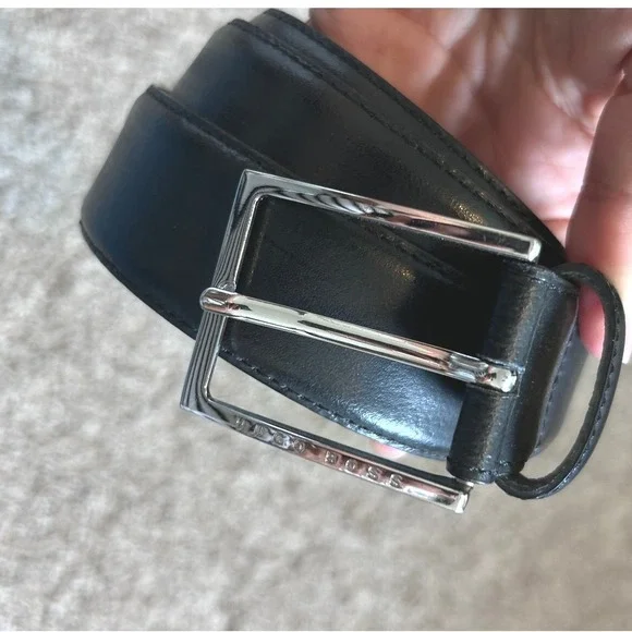 Hugo Boss Mens Uderico Black Leather Belt Silver Buckle Size 36 95 50252985