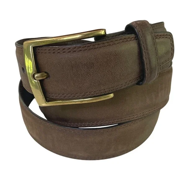 Lands End Mens Belt Nubuck Leather‎ Gold Buckle 38 Brown Casual Classic Academia