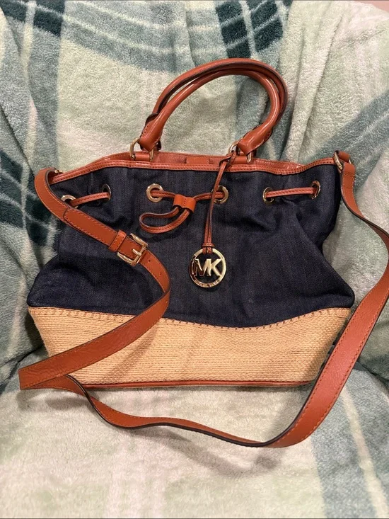 Michael Kors Navy Denim & Tan Leather Raffia Drawstring Shoulder Bag