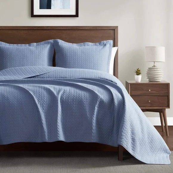 3 Piece Quilt Set, Coverlet Set, Pinsonic Quilted. Queen Size 90x96‎ inches Blue