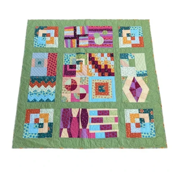 Vtg Handmade‎ Patchwork Quilt Granny Square patchwork embroidered Floral 60x52