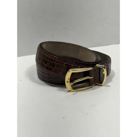 DAVANZATI Brown Burgundy Genuine ALLIGATOR Solid‎ Brass BUCKLE BELT sz 44 ITALY