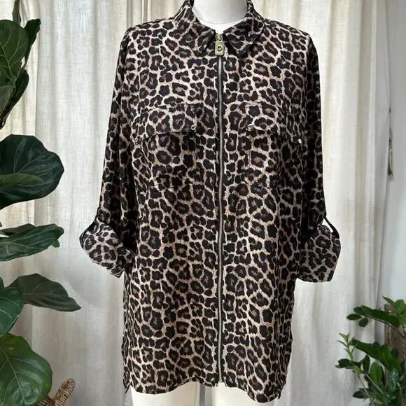 Michael Kors Leopard Animal Print Top Womens L Zip Up Blouse Lightweight Luxury