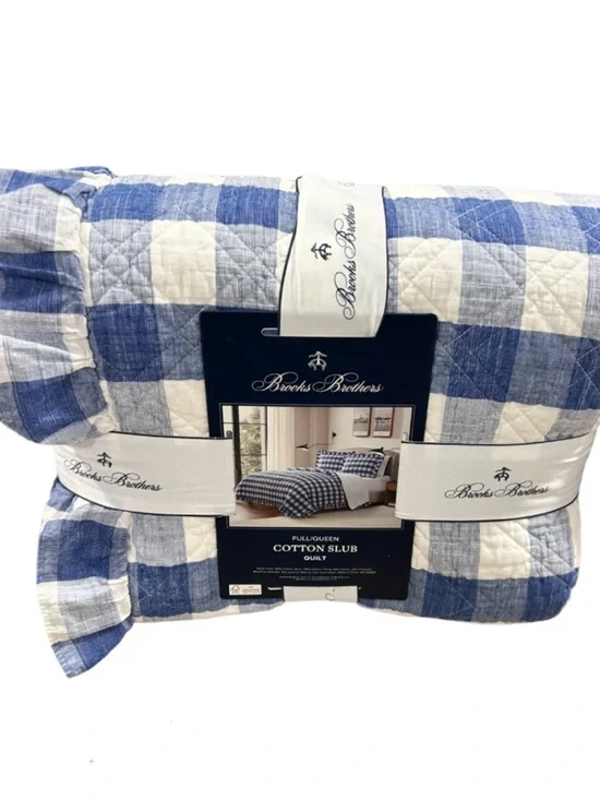 Brooks Brothers Checkered Blue and White Cotton Slub Queen Quilt w/Ruffle Trim