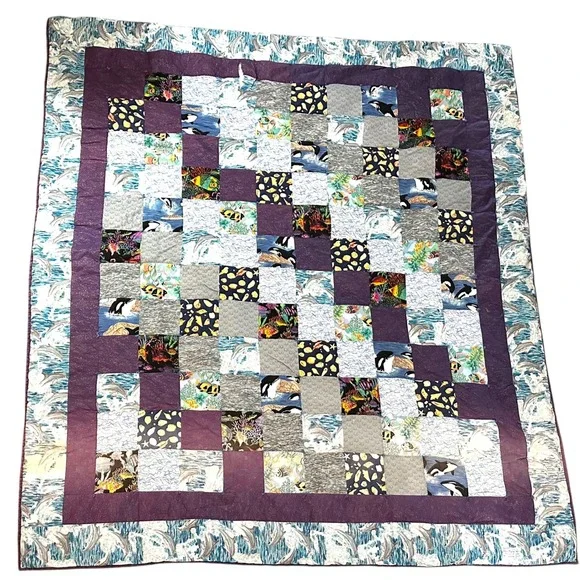 VTG Handmade Dolphin‎ Quilt 90s Y2K Ocean Orca Patchwork Nostalgic Twin Throw
