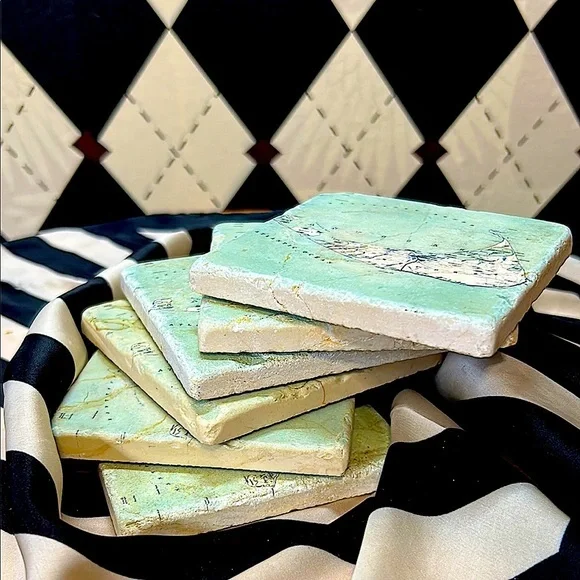 Vintage Nantucket Map Marble Coasters – Set of 6 | Aqua‎ Coastal Chic