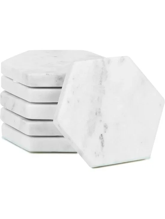 Set of 6 Hexagon Marble Coasters | Modern White Decor for Home & Office