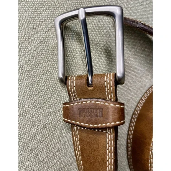 Sz 44 Duluth Trading Co Brown Leather Belt Contrast Stitching Silver Tone Buckle
