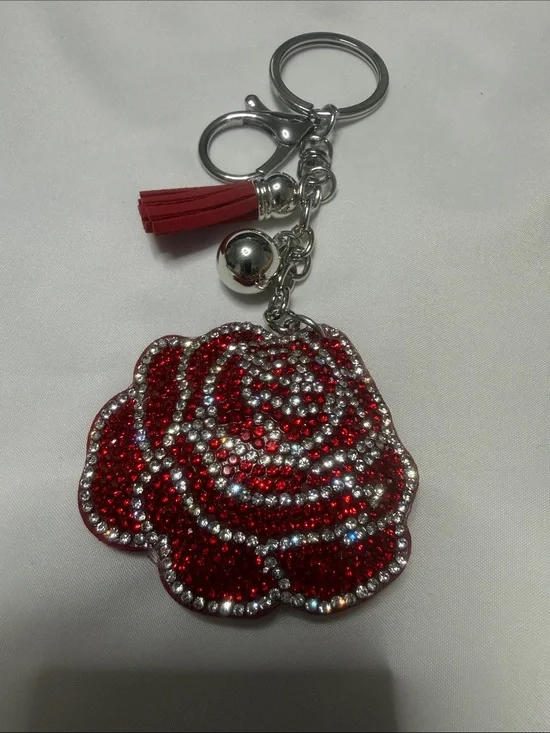 Red Rhinestone Rose Key & Card Holder Charm with Tassel