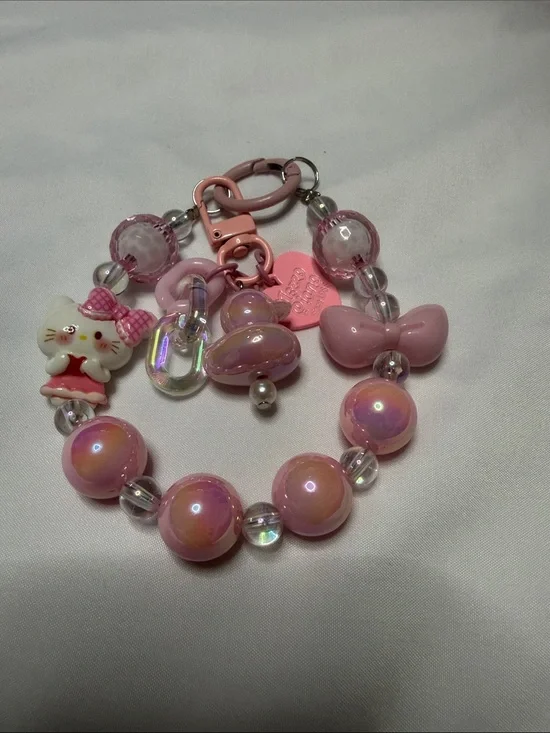 Pink Iridescent Beaded Charm with Cat Charm Keychain