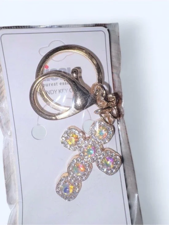 Rhinestone Cross Keychain Charm in Gold