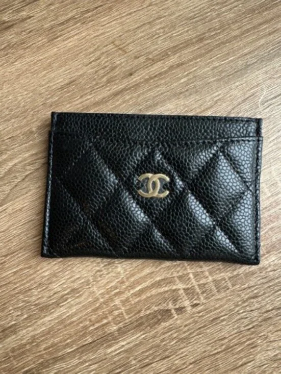 CHANEL Black Quilted Caviar Leather Card Sleeve with Gold CC Emblem