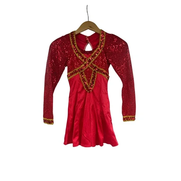 VTG Red Sequin Long Sleeve Dance Costume Dress Gold Trim Girls Medium