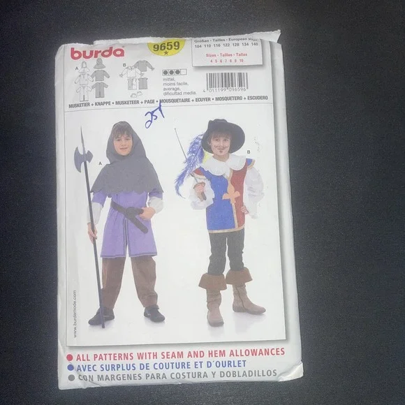 9659 Burda Sewing Pattern Cosplay Costume for Kids Medieval Musketeer Sizes 4-10