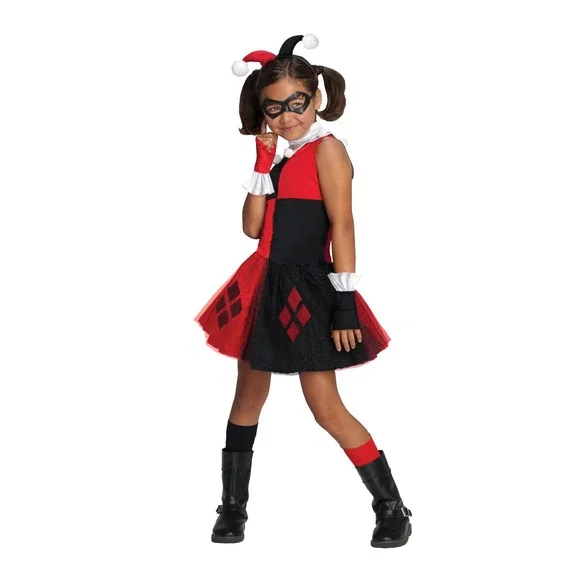 DC Harley Quinn Costume Girls XS 4-5 Tutu Dress Mask Collar Headpiece