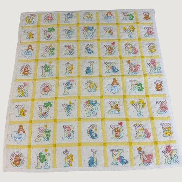 Vintage 80s Care Bears Alphabet Baby Quilt Blanket ABC Nursery Yellow 45x41