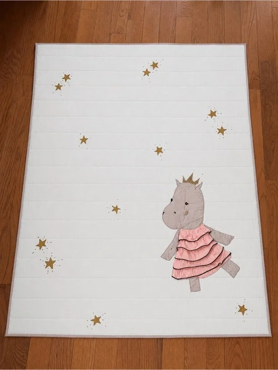 Land of Nod Royal Hippo Baby Quilt Blanket Princess Crown Pink Gold Stars 49x39