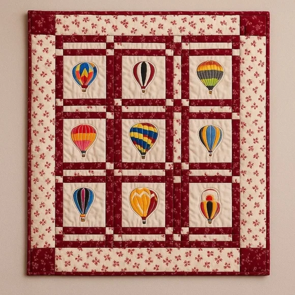 Bespoke Handmade Embroidered Hot Air Balloon Cotton Wall-Hanging Quilt.