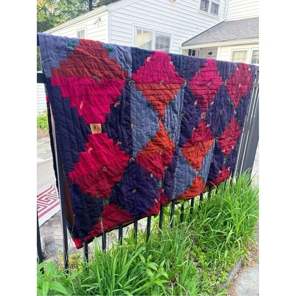 Handmade Patchwork Quilt - Deep Red, Navy