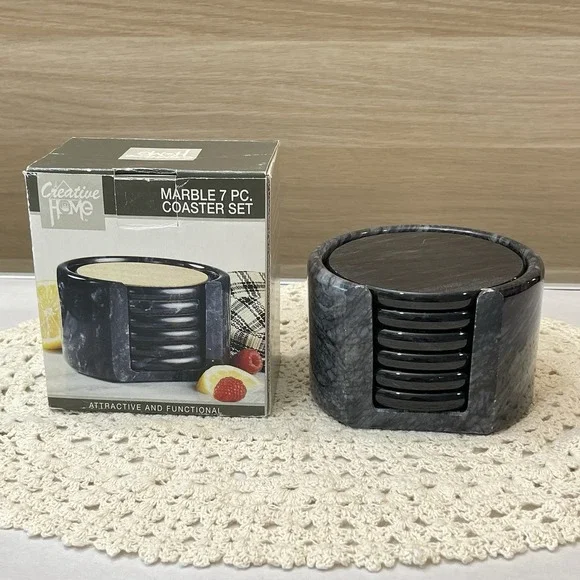 Creative Home Natural Gray Marble 7 Piece Round Coaster With Cork Inlays