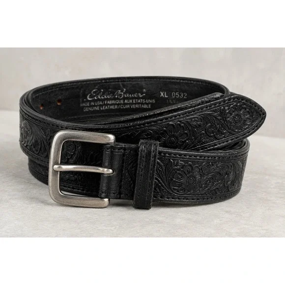 Vintage Eddie Bauer Black Tooled Leather Belt Floral Western USA XL 38 40 42