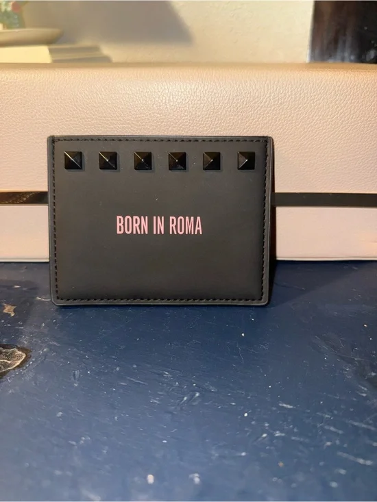Valentino Garavani Black Card Holder with Pink 'Born in Roma' Text
