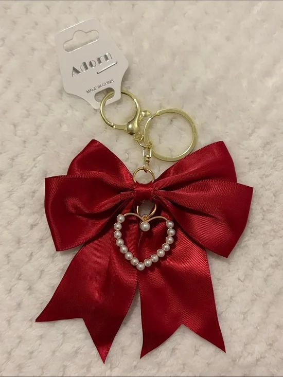 Red Satin Bow Keychain with Pearl Heart Charm