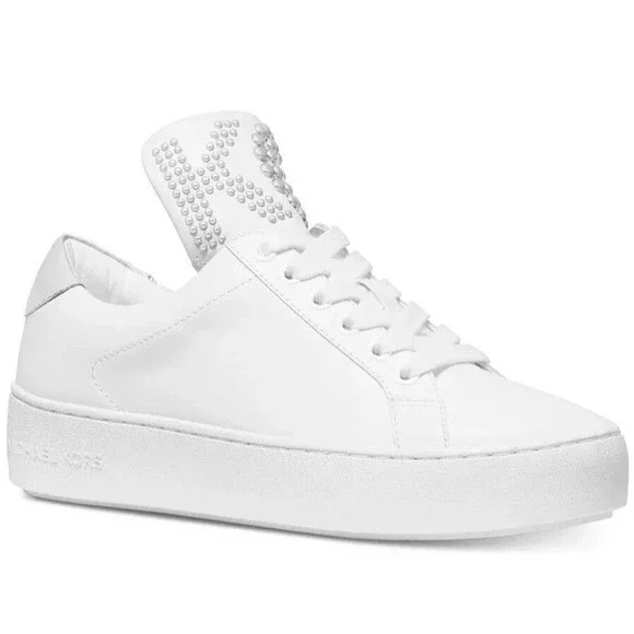New in Box Womens Michael Kors Mindy Low Top White Silver Leather Sneakers Sz 11