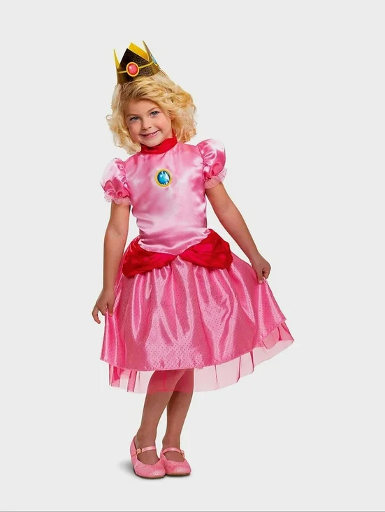 New Princess Peach Costume Dress Nintendo Super Mario Bros Dress Up Girls Outfit