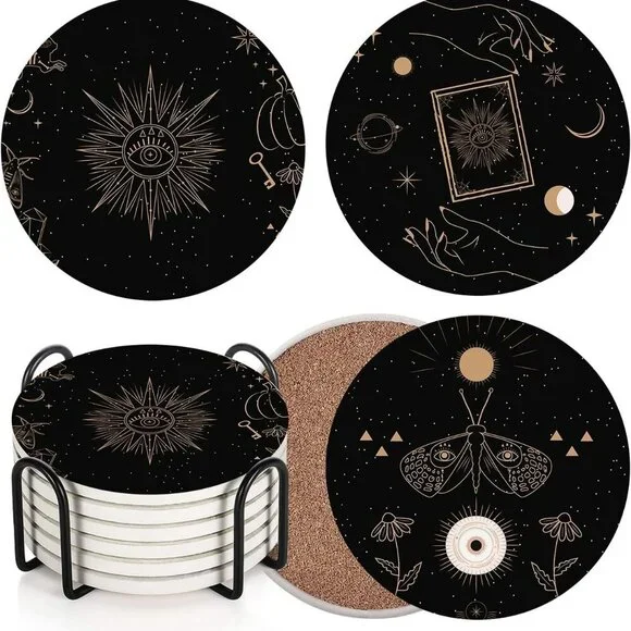 Table Coaster for Drinks Set of 6, Cute Black Mystical Skulls Animals Magic Coff