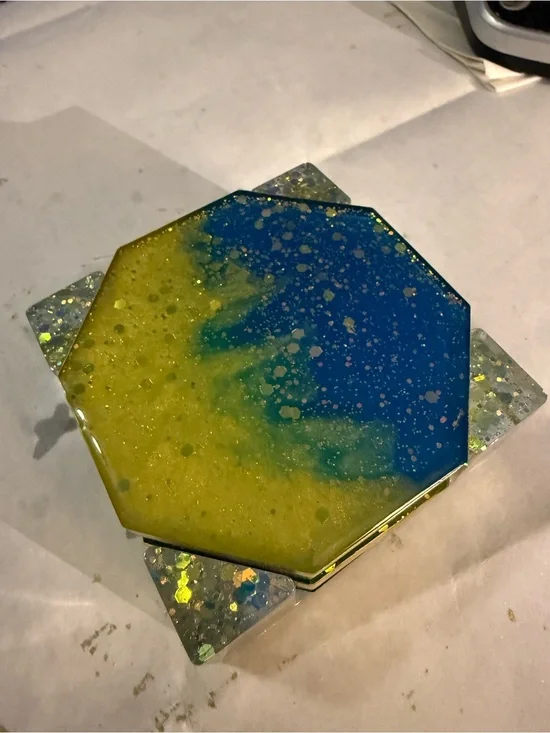 Blue and Yellow Octagonal Resin Coaster — Handmade Home Accent