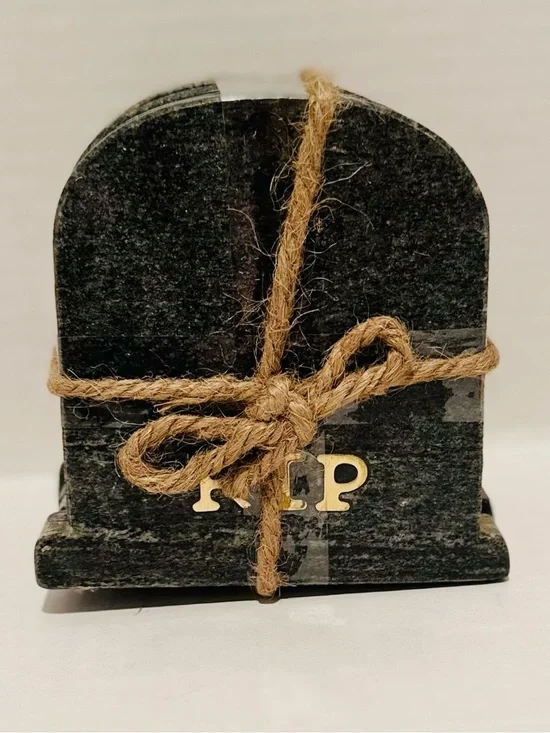 Godinger NWT Set of 4 RIP Tombstone Marble Coasters w/Brass Inlay