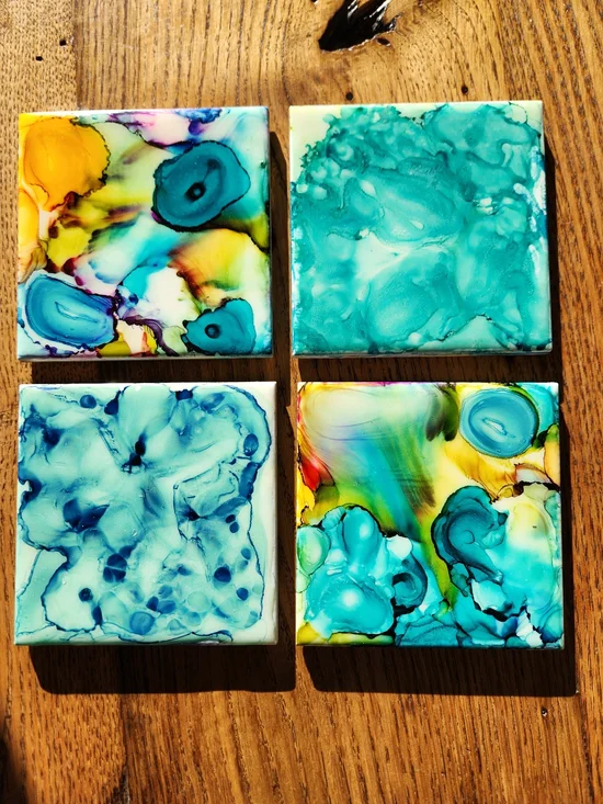 🎨4 Ceramic Tile Coasters Abstract Resin Home Art Teal & Multicolor - Set of 4