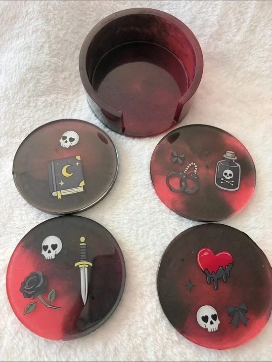 Handmade Red & Black Resin Gothic Coaster (5 pieces)