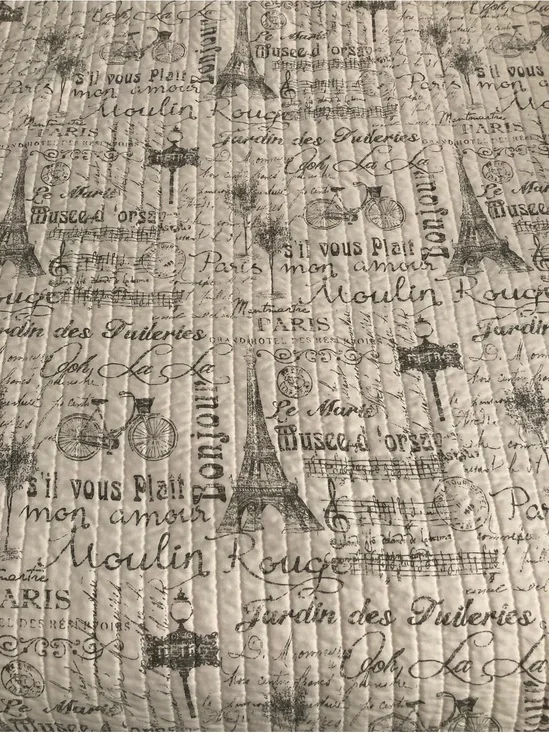 Paris Script Quilted Queen Size Bedspread 2 Pillow Shams Reversible Preowned