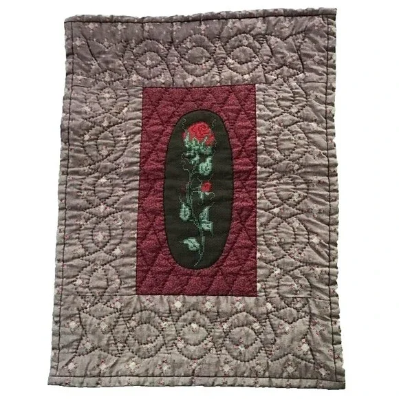 Wall Hanging Quilt Roses Cross Stitch Burgundy Handmade Vintage Handquilted