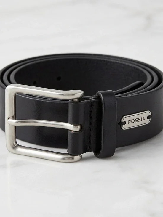 Fossil Black Leather Men's Belt with Silver-Tone Buckle