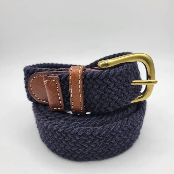 Lands'‎ End Woven Stretch Belt XL Navy Solid Brass Leather Trim Classic