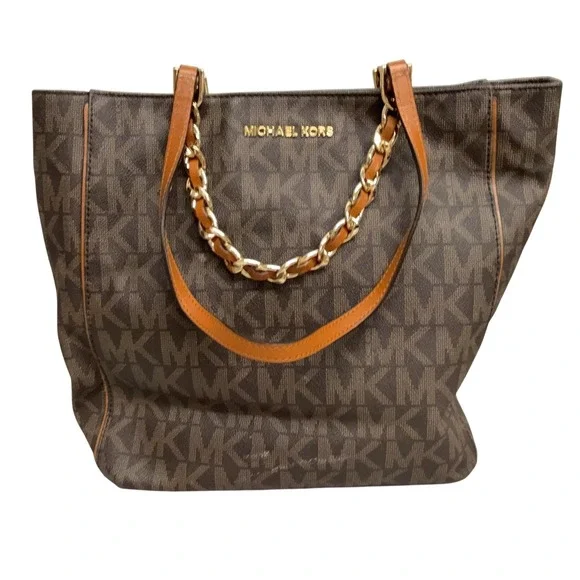 Michael Kors Tote Bag Womens Large Brown MK Logo Leather Chain Shoulder Purse