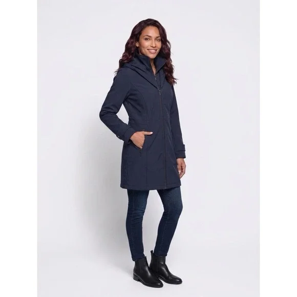 Michael Kors Womens Black Softshell Hooded Long Jacket Coat Small